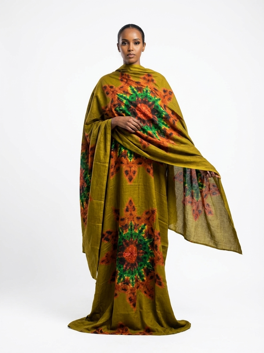 Olive Tie-Dye Baati front view with matching shawl, floor-length Baati dress. #colour_olive-green