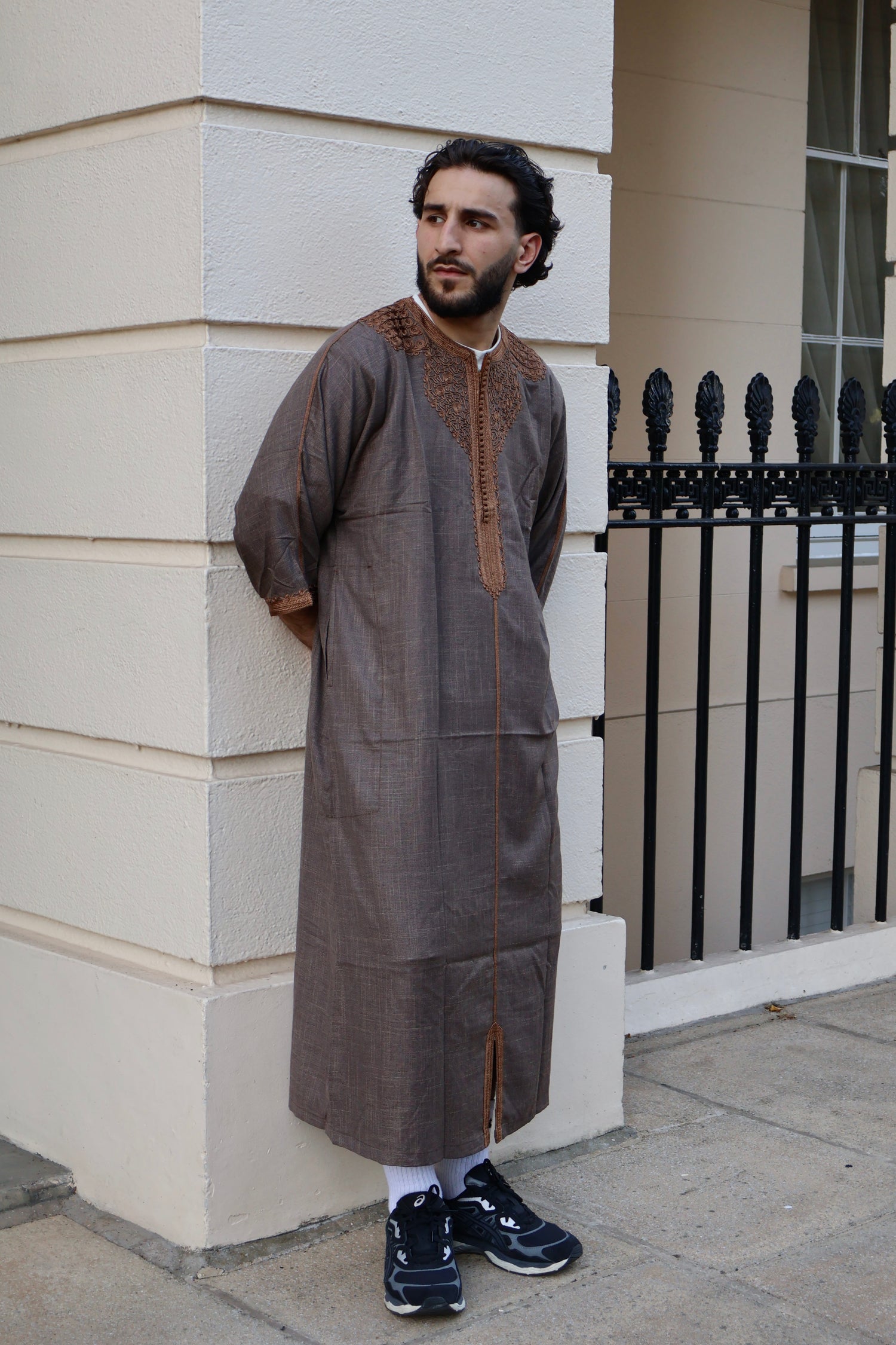 Side profile of a man wearing a 