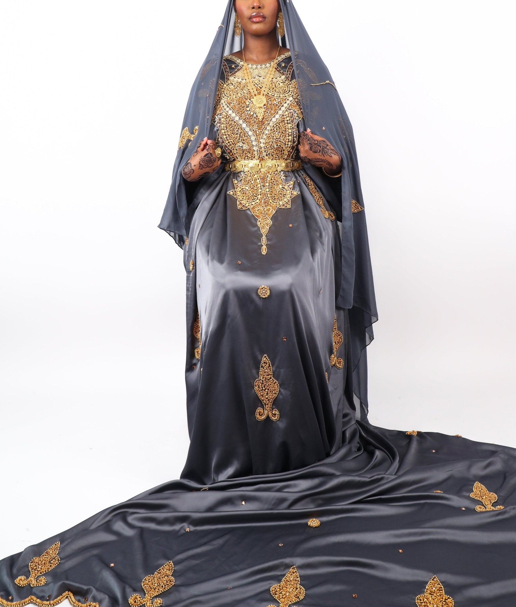 Almaas 3 piece dirac - Silk Kouture - Bridal Dirac - Somali Couture - Silk Kouture - SCBDW0018OS - Grey - Unstitched - Almaas 3 piece dirac -