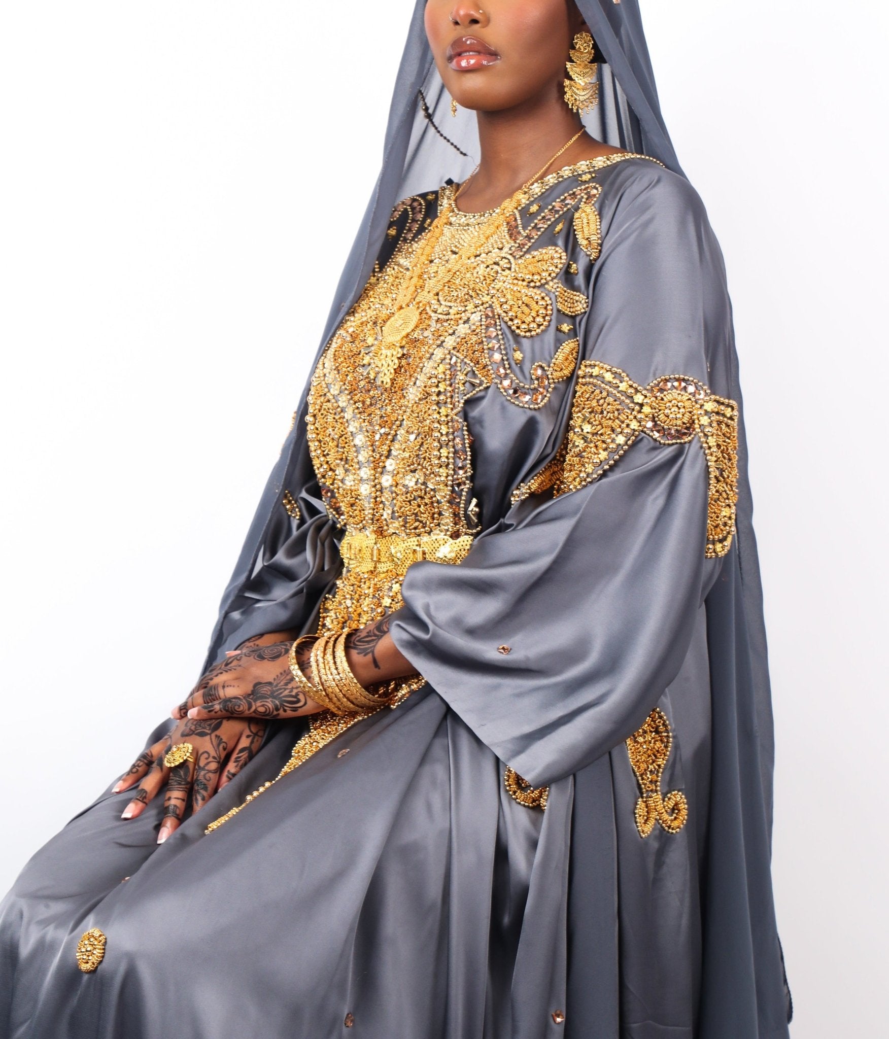 Almaas 3 piece dirac - Silk Kouture - Bridal Dirac - Somali Couture - Silk Kouture - SCBDW0018OS - Grey - Unstitched - Almaas 3 piece dirac -
