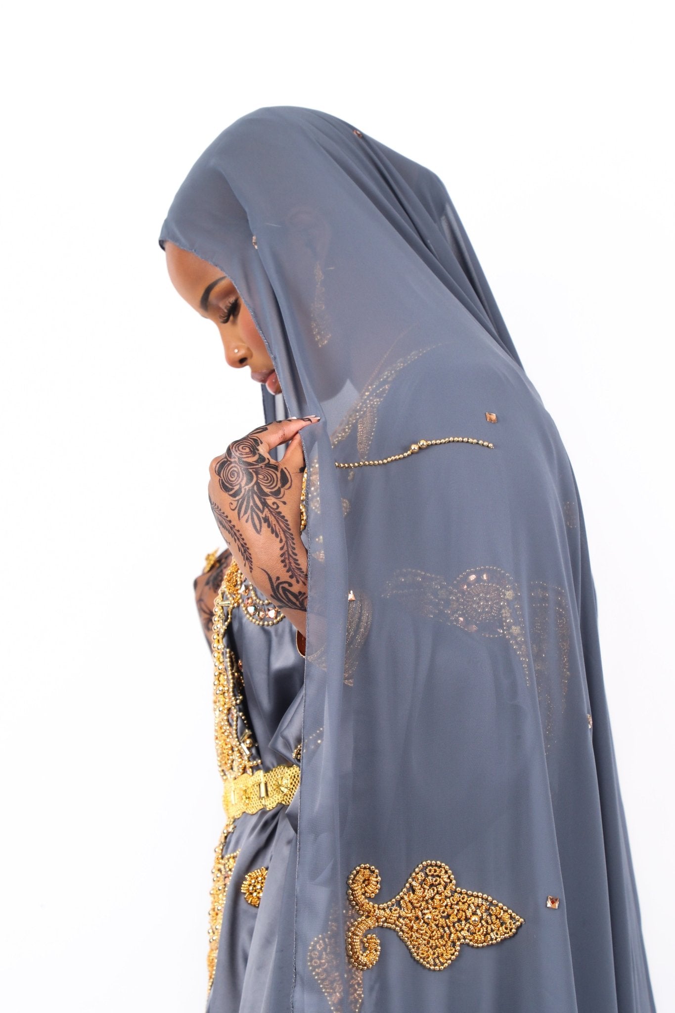 Almaas 3 piece dirac - Silk Kouture - Bridal Dirac - Somali Couture - Silk Kouture - SCBDW0018OS - Grey - Unstitched - Almaas 3 piece dirac -
