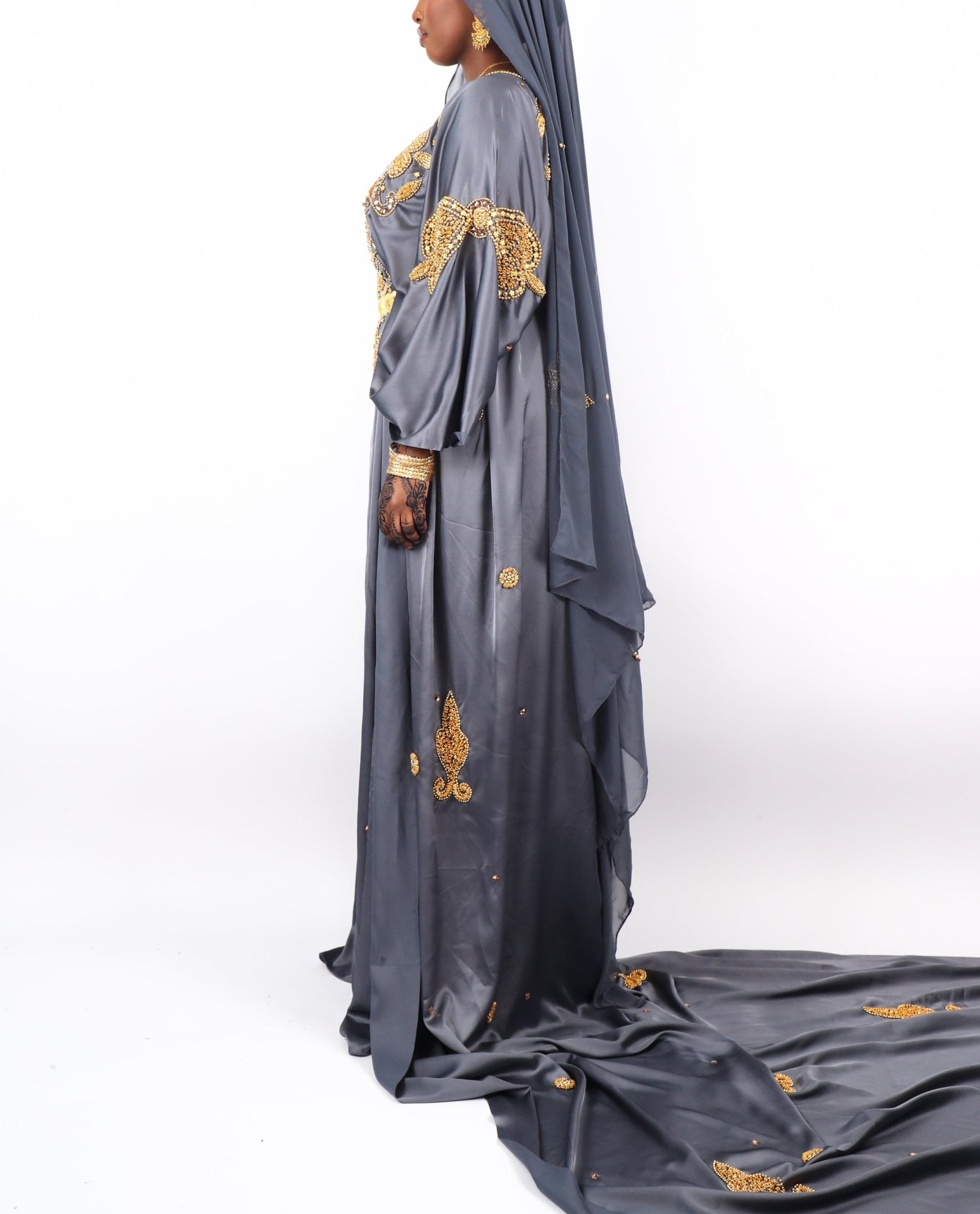 Almaas 3 piece dirac - Silk Kouture - Bridal Dirac - Somali Couture - Silk Kouture - SCBDW0018OS - Grey - Unstitched - Almaas 3 piece dirac -